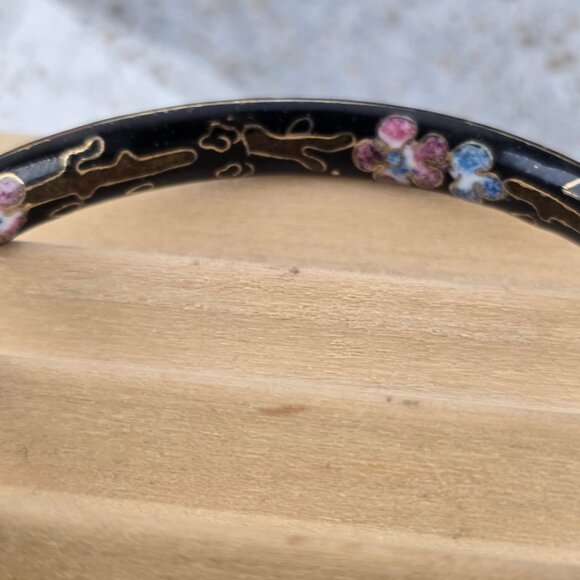 Vintage Black Cloisonné Bangle Bracelet With Floral Enamel Design In Blue & Pink - Picture 8 of 9